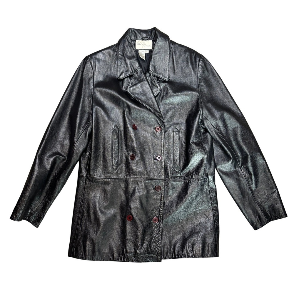 Moda Spiegel Mens Black Leather Double Breasted Jacket Vintage Size 10 Coat